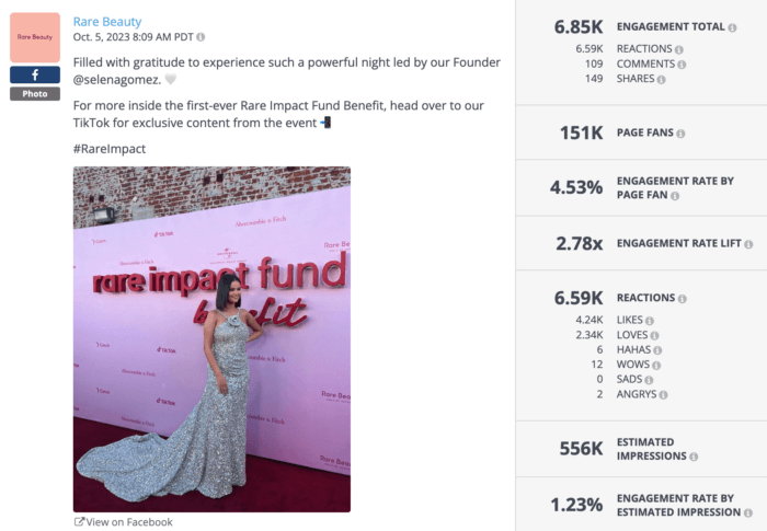 Facebook photo from Rare Beauty featuring Selena Gomez on the Rare Impact Fund Benefit red carpet